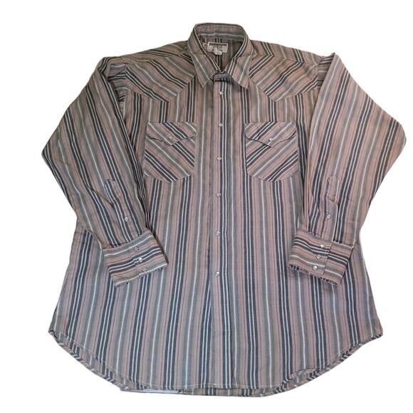 VTG Ruddock Western Pearl Snap Shirt 17.5x34 Tan Stripe USA Made Repair GVC - Picture 1 of 7